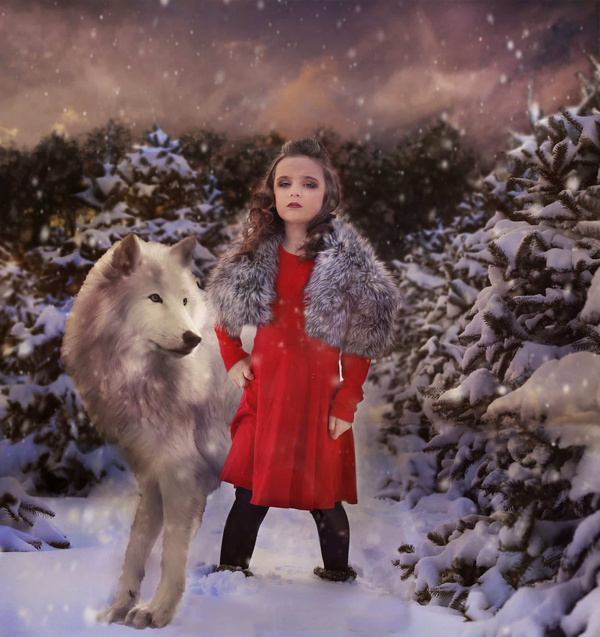 young irl, curly hair, half up, red dress, grey faux fur on shoulders, large wolf at her side, snowing, tree farm, snow covered trees, night time, hands on her hips, no smile.