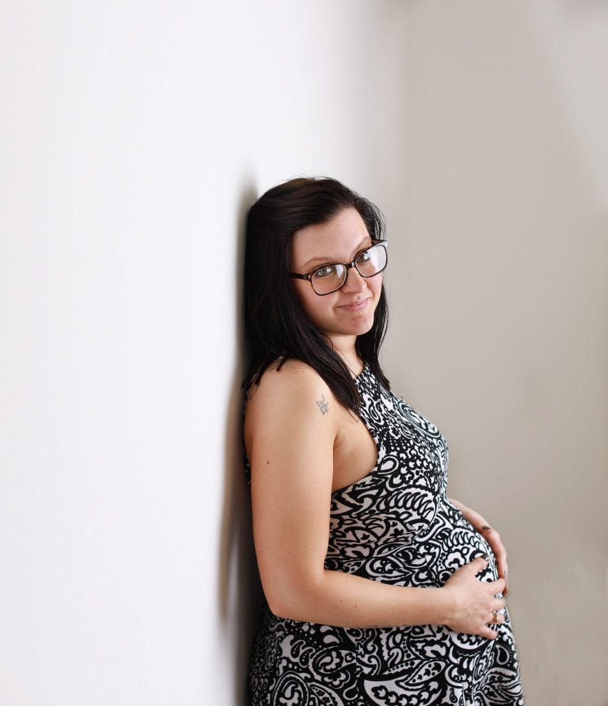 new mom, patter dress, white background, side view, 