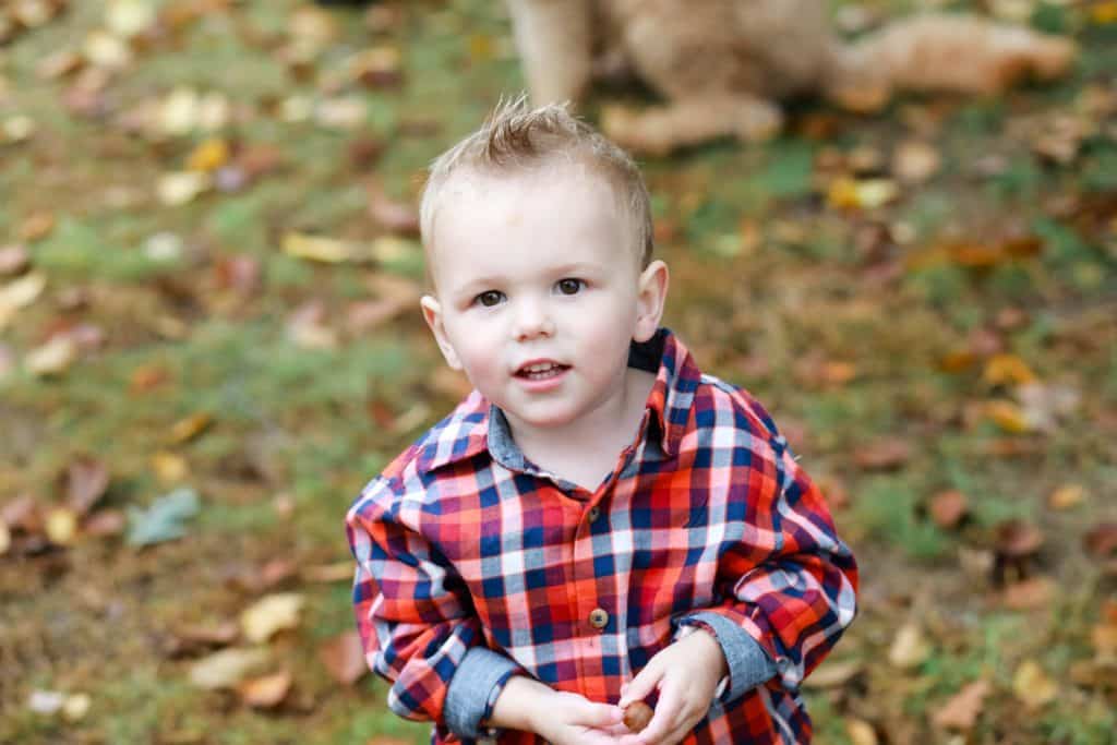 boy in plaid shirt looking at the camera standing in the yard in the fall