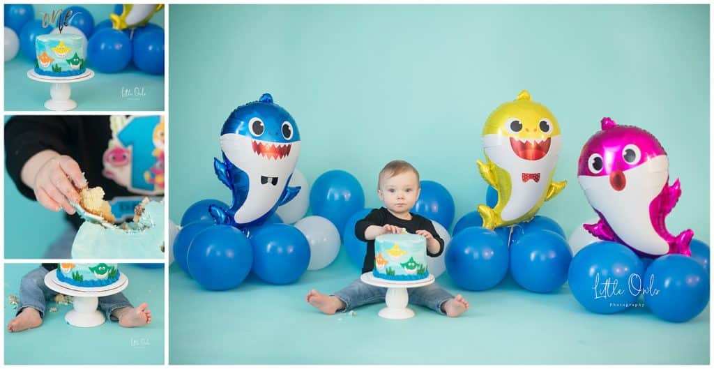 one year boy with baby shark cake for cake smash session
