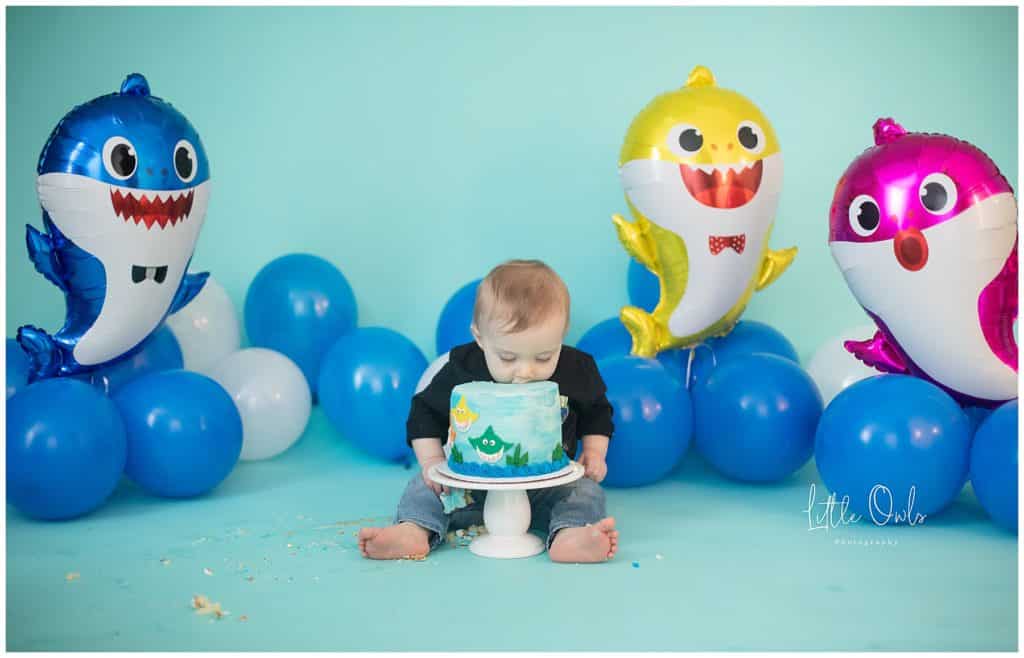 one year old face in cake for cake smash session 